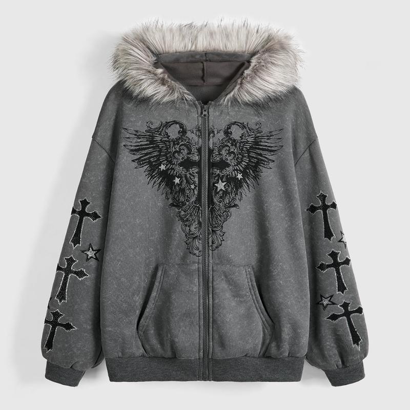 ROMWE Fairycore Women's Autumn Winter Lily Flower Rhinestone Embellished Dropped Shoulder Hoodie Sweatshirt