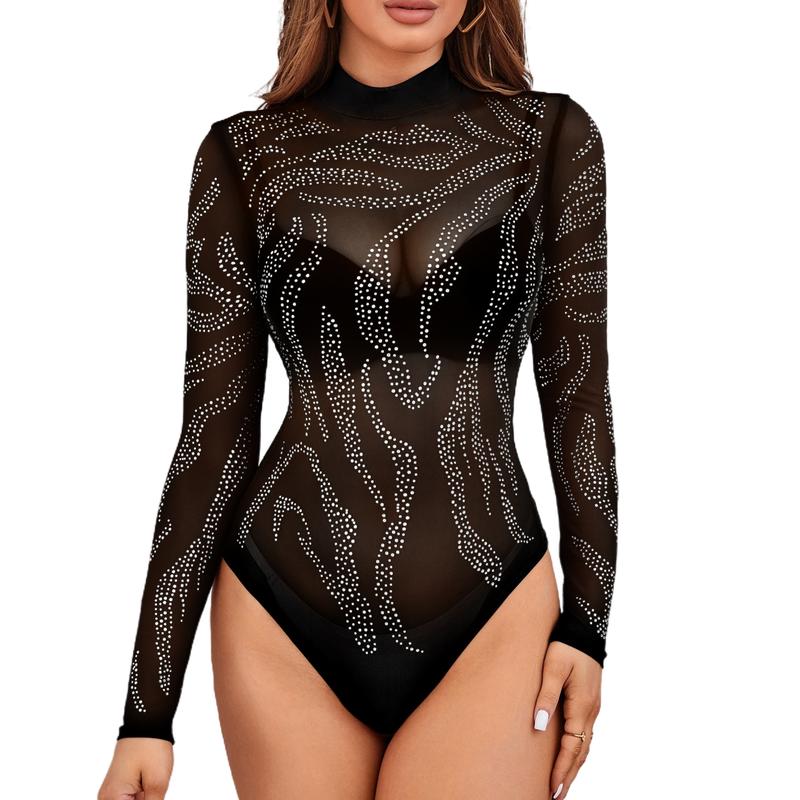 Women's Christmas 2024 Sparkle Rhinestone Bodysuit Top Long Sleeve Turtleneck Soft Sheer Mesh Thong Concert Party Music Festival Glitter Light Body Suits Dance Clothing Outdoors