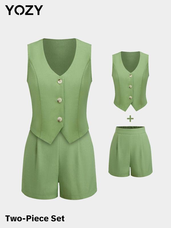 YOZY [9 colors] V Neck Button Front Blazer Vest & Pleated Wide Leg Shorts Set, Elegant Fashion Casual Tank Top & Elastic Waist Shorts Set, 2024 Women's Daily Outdoor Wear for Summer