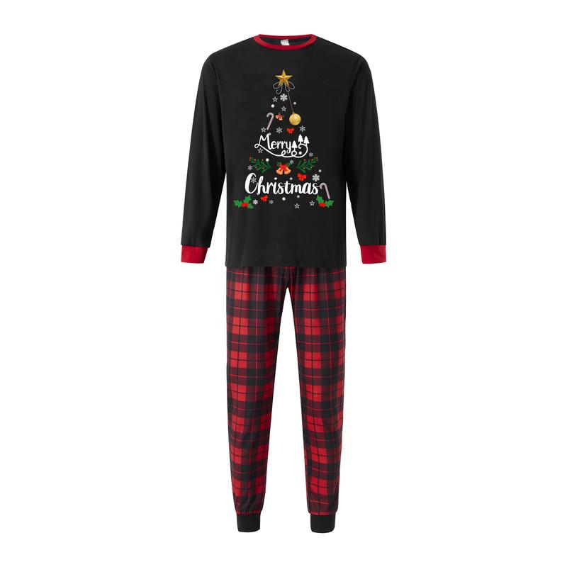 Matching Christmas Pajamas For Family, Letter & Snowflake Print Long-Sleeved Tops + Plaid Trousers Sleepwear Outfits