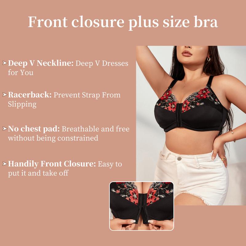 Plus Size Wireless Tank Bra - Convenient Front Closure, Embroidery, Push-Up, Ultra-Comfy, Back Support- Elegant Womens Lingerie And Underwear Fabric Womenswear Piece