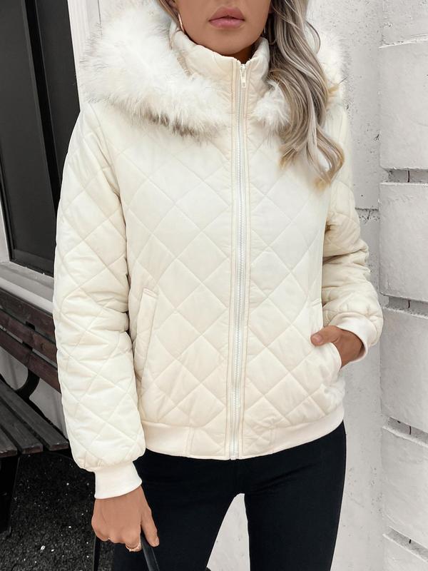 Women's Solid Pocket Zip Up Hooded Quilted Jacket, Casual Long Sleeve Padded Outerwear for Fall & Winter, Women's Clothes for Daily Wear