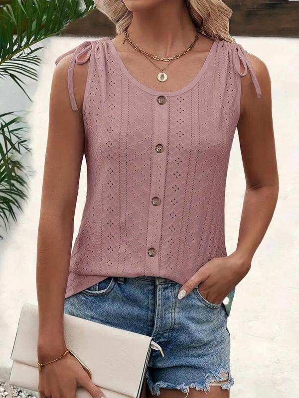 Women's Eyelet Embroidery Drawstring Tie Shoulder Tank Top, Casual Sleeveless Round Neck Button Decor Top, Women's Summer Clothes for Daily Wear, Vacation Outfits 2024