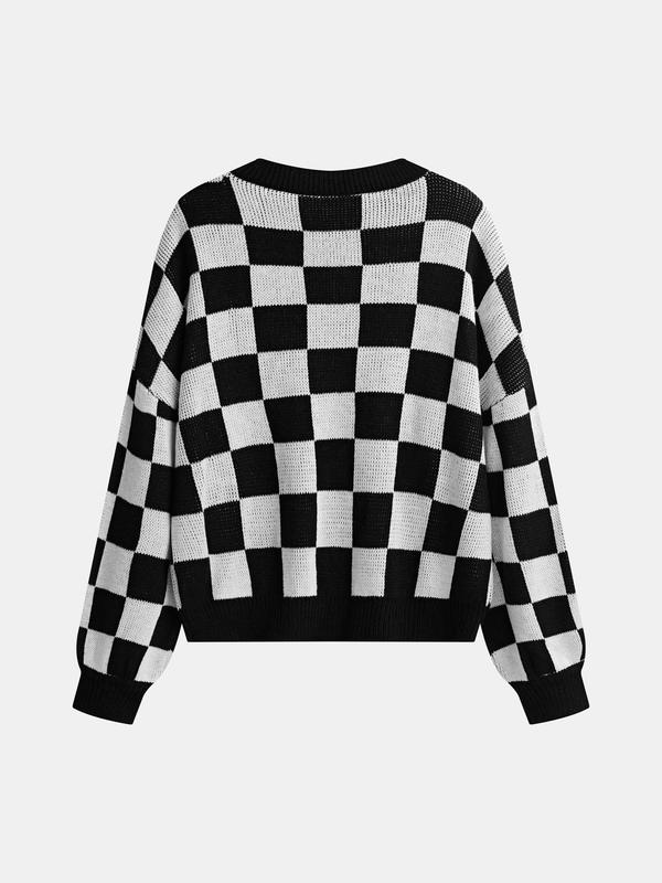 YOZY Women's Plaid Print Drop Shoulder Sweater, Casual Long Sleeve Round Neck Jumper for Fall & Winter, Fashion Ladies' Knitwear for Daily Wear