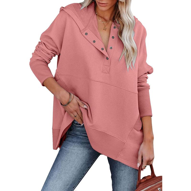 CHICZONE Women Fall Casual Sweatshirts Top Button V Neck Oversized Cotton Basic Henley Pullover Hoodie 2024 Fashion Outfit Clothing Womenswear Sweaters