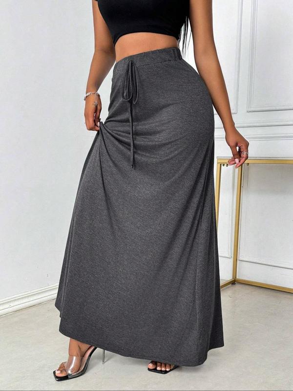  Solid Drawstring Waist A Line Skirt, Elegant Fashion Casual Long Skirt for Daily Outdoor Wear, Women Clothing for All Seasons