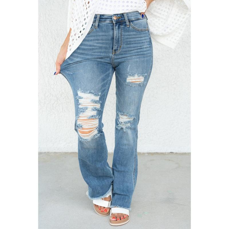 Judy Blue Keep Holding On High Rise Distressed Frayed Hem Bootcut Jeans