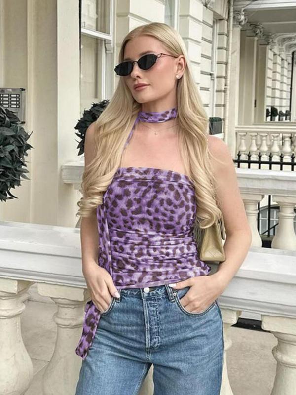 Women's Leopard Print Ruched Crop Tube Top & Tulle Scarf, Elegant Fashion 2000s Y2K Backless Top, Tube Tops for Summer, Ladies Summer Clothes for Dating Club Party Daily Wear