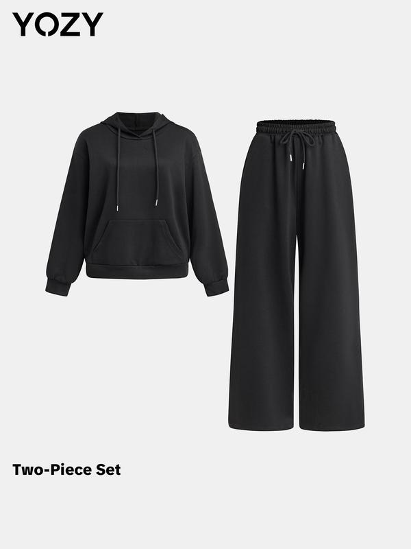 YOZY Drawstring Hoodie & Pocket Pants Set  Casual Plain Kangaroo Pocket Hooded Sweatshirt & Elastic Waist Wide Leg Trousers, 2024 Women's Daily Wear for Spring & Fall