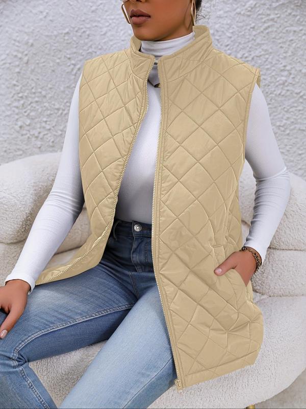 Women's Basic Solid Mock Neck Zip up Quilted Vest Coat, Casual Pocket Zipper Sleeveless Outerwear for Lady Fall & Winter, Minimalist Women's Clothes Tops for Daily Wear, Womenswear