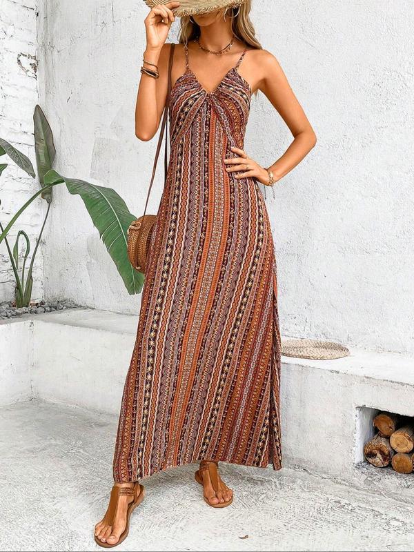 Women's Summer Ethnic Pattern Backless Split Thigh Cami Dress, Ladies Summer Clothes, Back To School Outfits, Boho Fashion Frill Trim Long Dress for Beach, Women's Summer Dresses