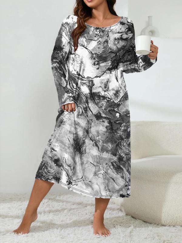  All Over Print Long Sleeve Nightdress, Casual Comfy Round Neck Nightgown for Women, Women's Sleepwear for Spring & Fall