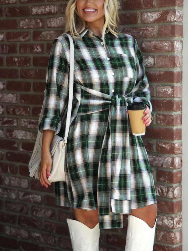  Plaid Print Button Front Shirt Dress, Casual Collared Dress for Fall & Winter, Women's Clothes for Daily Wear