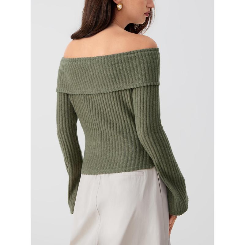 Cider [6 colors, Size 0-26] Off-shoulder Solid Long Sleeve Top