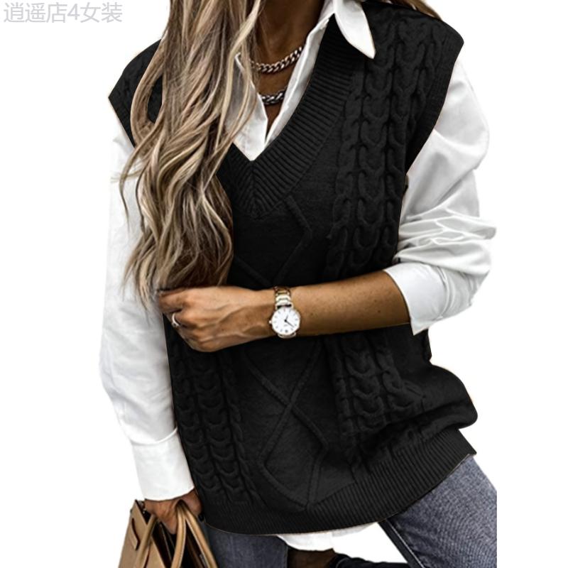 Plus Size Preppy Sweater Vest, Women's Plus Solid Argyle Knit V Neck Slight Stretch Vest Collar Fabric