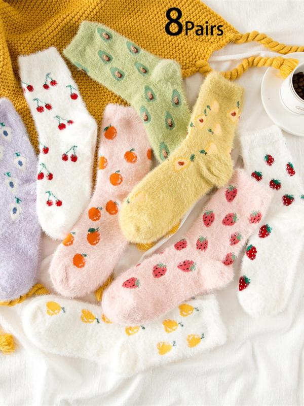 8 Pairs Of Strawberry Furry Socks for Women, Warm Winter Plush Slippers Fuzzy Socks,  Cute Fruit Design Soft Bed Socks, Perfect Gift for Her