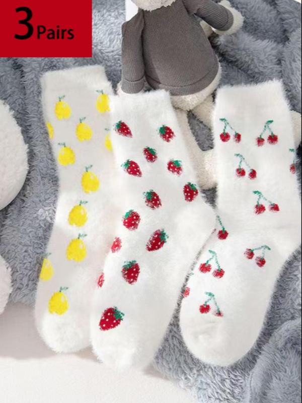 8 Pairs Of Strawberry Furry Socks for Women, Warm Winter Plush Slippers Fuzzy Socks,  Cute Fruit Design Soft Bed Socks, Perfect Gift for Her