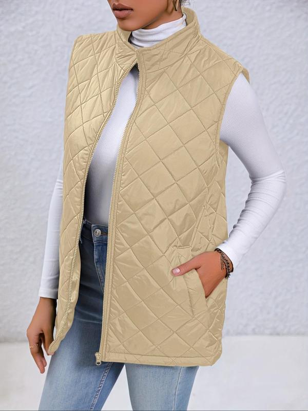 Women's Basic Solid Mock Neck Zip up Quilted Vest Coat, Casual Pocket Zipper Sleeveless Outerwear for Lady Fall & Winter, Minimalist Women's Clothes Tops for Daily Wear, Womenswear