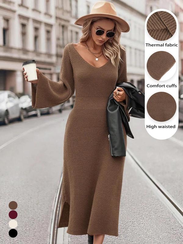 Women's Random Print Flounce Sleeve Split Hem Sweater Dress, Casual V Neck Long Sleeve Knitwear Dress for Fall & Winter, Dresses for Women, Fashion Women's Clothing for Daily Wear