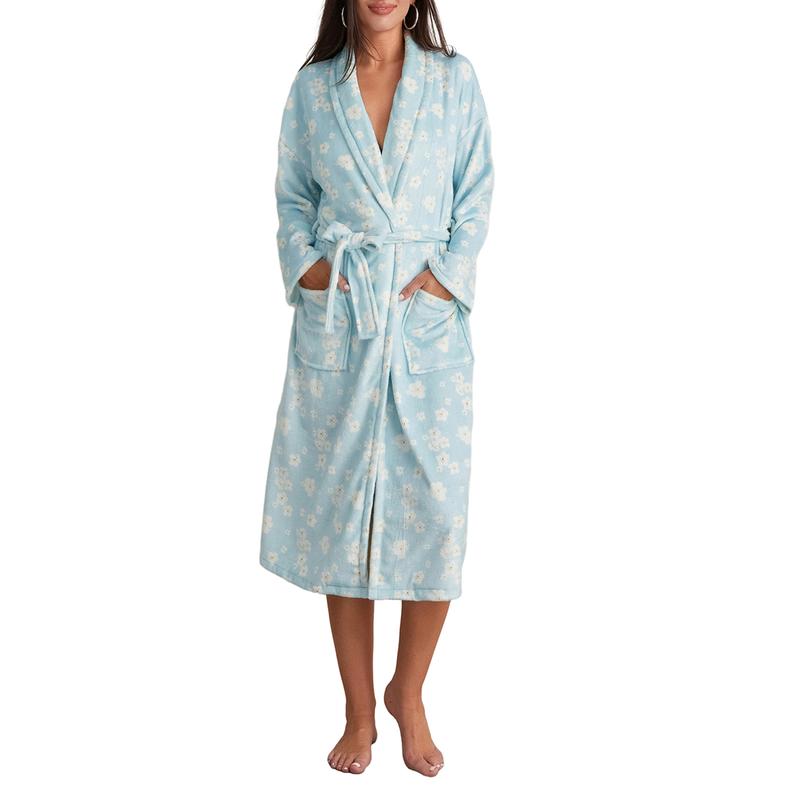 Women Dressing Gown Flannel Robe Floral Print Shawl Collar Bathrobe for Hotel Spa Party Kimono Robe with Belt