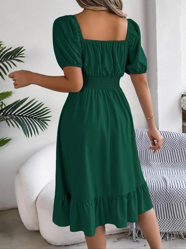 Women's Plain Ruffle Hem Shirred Puff Sleeve A Line Frenchy Style Dress, Elegant Short Sleeve Square Neck Midi Dress for Summer, Back To School Outfits, Summer Dresses, Summer Outfits 2024, Ladies Dress for Beach Holiday, Vintage Clothing