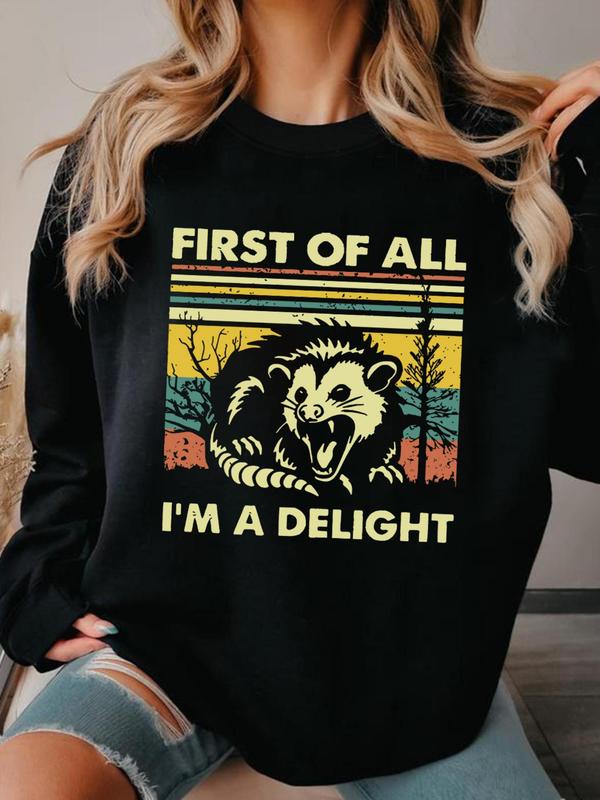 Women's Letter & Skunk Print Crew Neck Sweatshirt, Casual Long Sleeve Pullover for Fall & Winter, Women's Clothes for Daily Wear