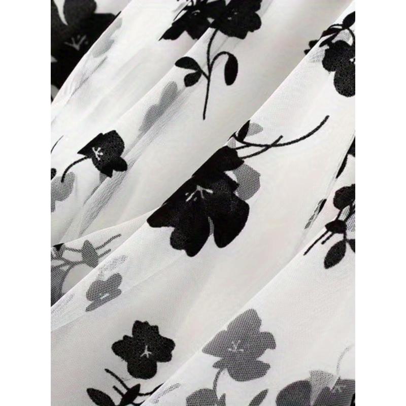 Plant Print Tulle Skirt, Elegant High Waist Long Skirt, Women's Clothing