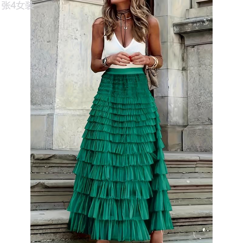 Solid Layered Ruffle Mesh Trim Skirt, Elegant High Waist Skirt For Spring & Fall, Women's Clothing Fabric Womenswear