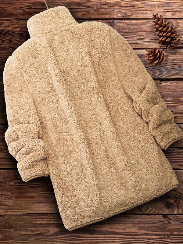  Solid Funnel Neck Zip Up Fuzzy Coat, Casual Long Sleeve Pocket Outerwear for Fall & Winter, Women's Clothes for Daily Wear