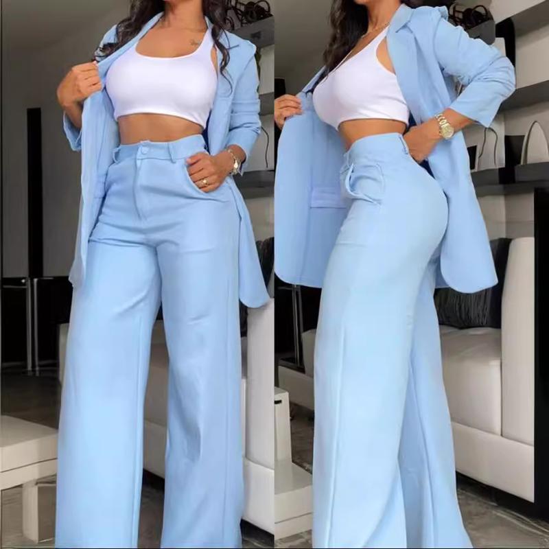 Comfortable and elegant solid color slit lapel suit pocket straight pants suit women fashion clothing