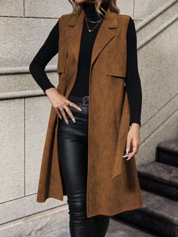 Women's Solid Lapel Belted Vest Coat, Coats for Women, Casual Fashion Longline Outerwear for Daily Outdoor Wear, Women's Clothing for Fall & Winter, Going Out Outfits