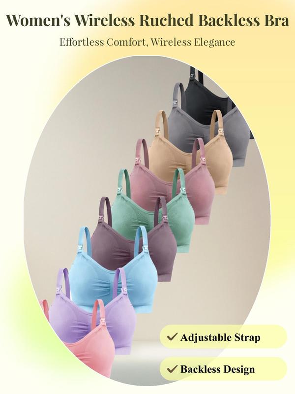 Women's Solid Ruched Wireless Bra, Comfort Adjustable Strap Backless Bra,  Bras for Women, Ladies Soft Comfy Breathable Lingerie for All Seasons