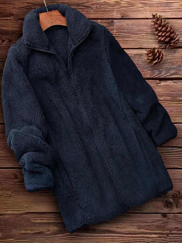  Solid Funnel Neck Zip Up Fuzzy Coat, Casual Long Sleeve Pocket Outerwear for Fall & Winter, Women's Clothes for Daily Wear