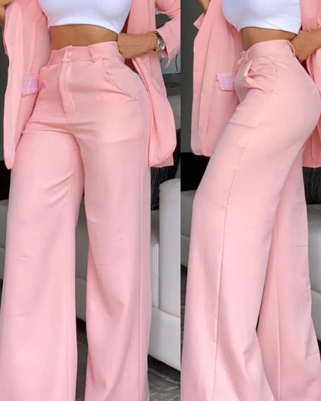 Comfortable and elegant solid color slit lapel suit pocket straight pants suit women fashion clothing