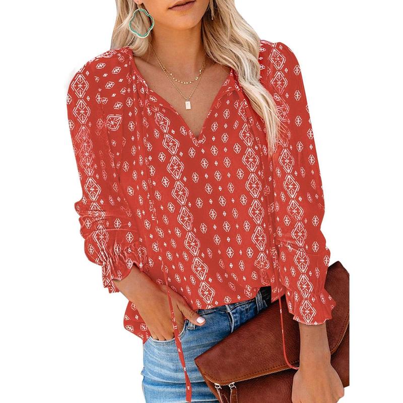 Dokotoo Women's Casual Boho Floral Printed V Neck Tops Drawstring Short Long Sleeve T Shirt Blouses