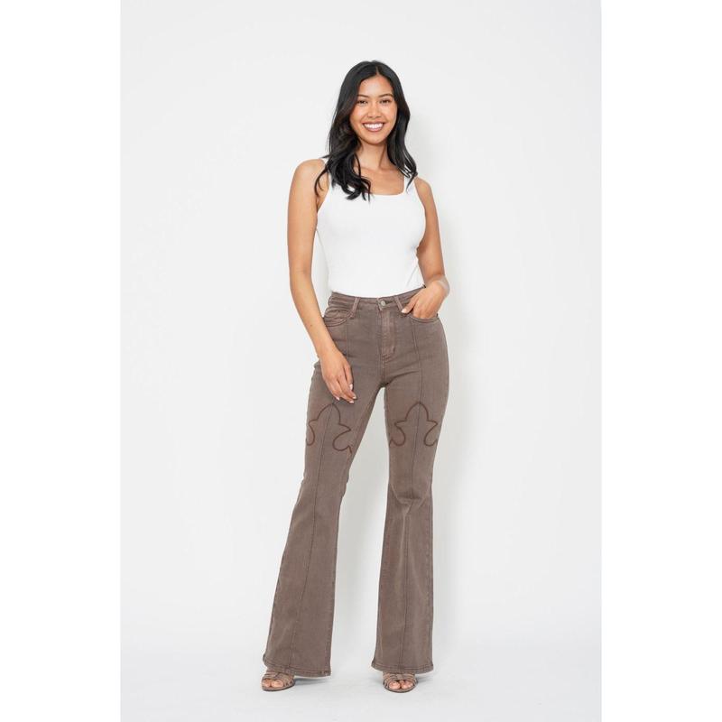 JUDY BLUE HI WAIST BROWN GARMENT DYED KNEE SEAM DETAIL & SHIELD BACK POCKETS FLARE JEANS