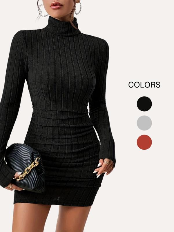 Women's Thin Minimalist Ribbed Knit Long Sleeve Turtle Neck Bodycon Dress, Longsleeves High Neck Short Tight Dresses Basic Comfortable Lady Casual Womenswear