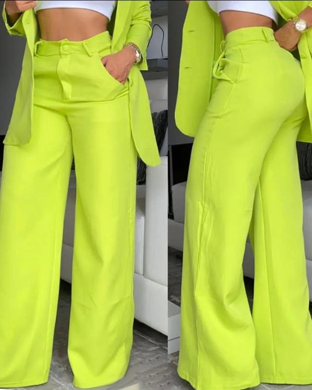 Comfortable and elegant solid color slit lapel suit pocket straight pants suit women fashion clothing