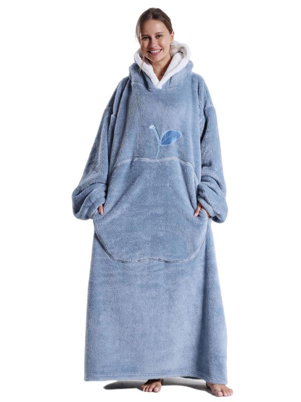 Women's Apple Pattern Drop Shoulder Hooded Flannel Lounge Robe, Casual Long Sleeve Pocket Design Blanket Hoodie, Ladies Sleepwear for Fall & Winter