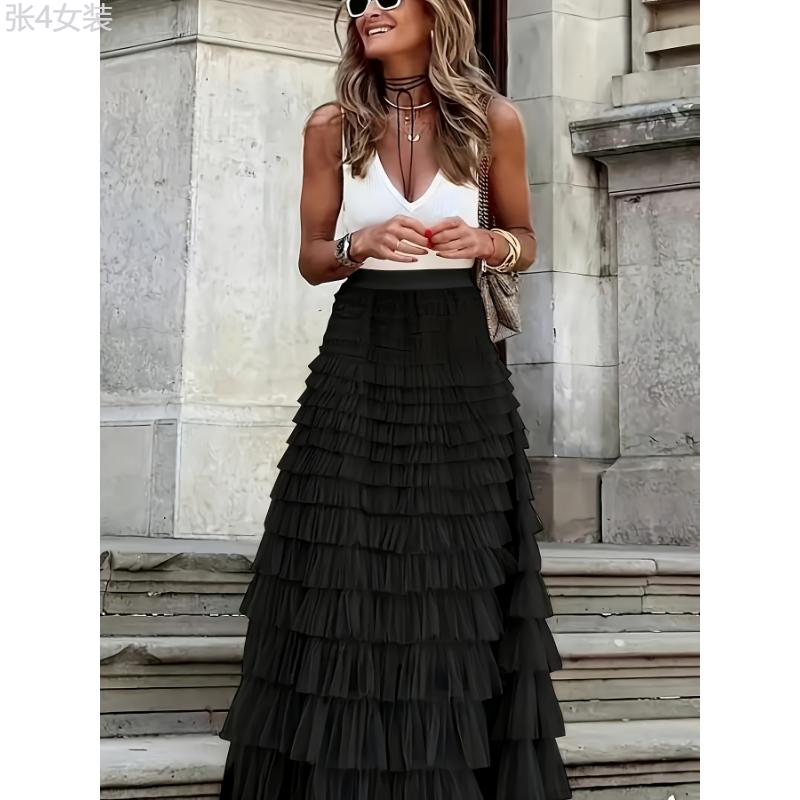 Solid Layered Ruffle Mesh Trim Skirt, Elegant High Waist Skirt For Spring & Fall, Women's Clothing Fabric Womenswear