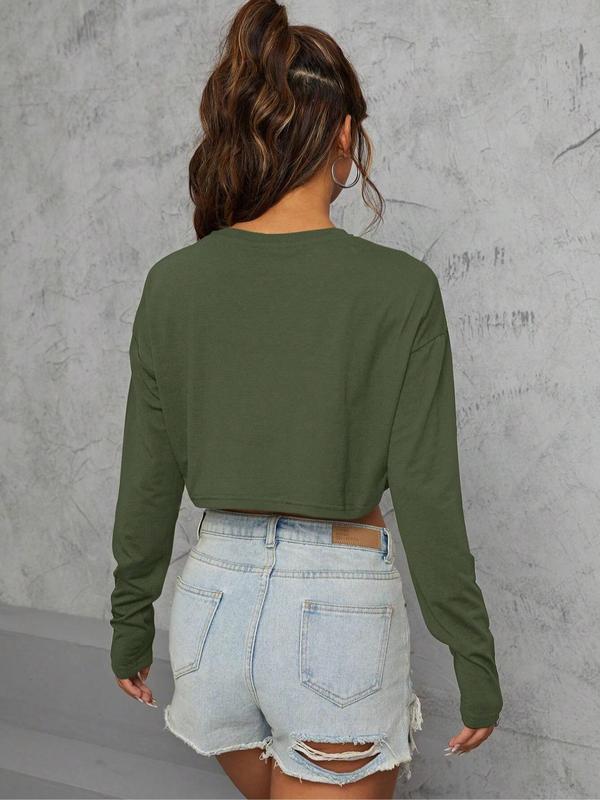 Women's Plain Drop Shoulder Crop Tee, Casual Long Sleeve Round Neck T-Shirt for Daily Wear, Ladies Clothes for All Seasons