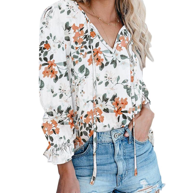 Dokotoo Women's Casual Boho Floral Printed V Neck Tops Drawstring Short Long Sleeve T Shirt Blouses