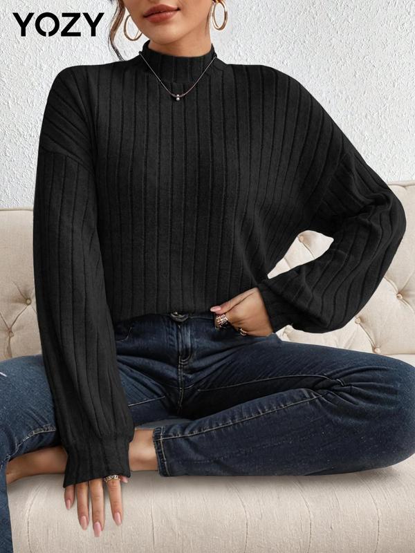 YOZY Women's Solid Drop Shoulder Ribbed Sweater Pullover, Casual Long Sleeve Stand Collar Jumper for Fall & Winter, Fashion Ladies' Knit Clothing for Daily Wear