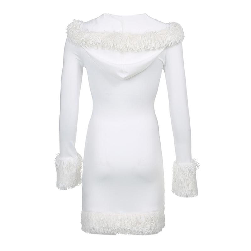 Women's Christmas Dress White Plush Fur Trim V-neck Hooded Bodycon Mini Dress Christmas Mrs Claus Costumes Halloween Cosplay Outfit Womenswear Check