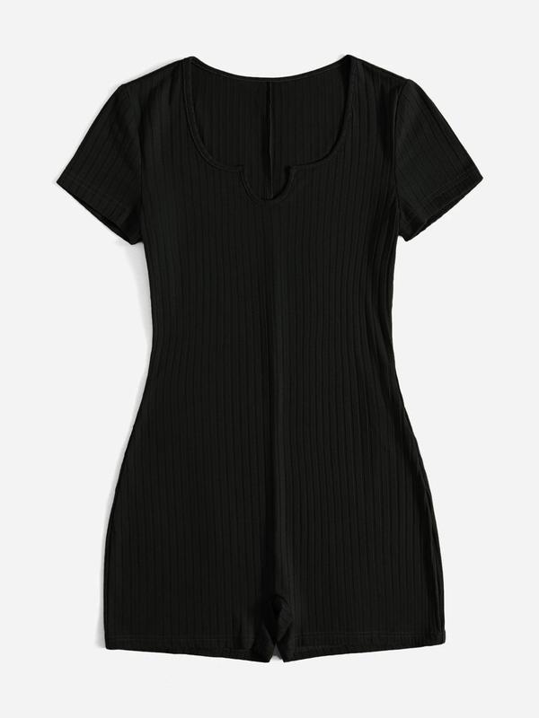 Women's Solid Notched Neck Skinny Romper, Casual Ribbed Short Sleeve Romper, Summer Outfits 2024, Ladies Clothes for Daily Wear, Rompers for Women, Going Out Outfits 2024