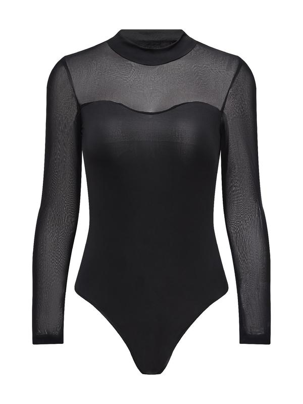 Women's Sheer Mock Neck Tulle Bodysuit, Elegant Long Sleeve Bodysuit for Party Club Dating, Ladies Clothes for All Seasons