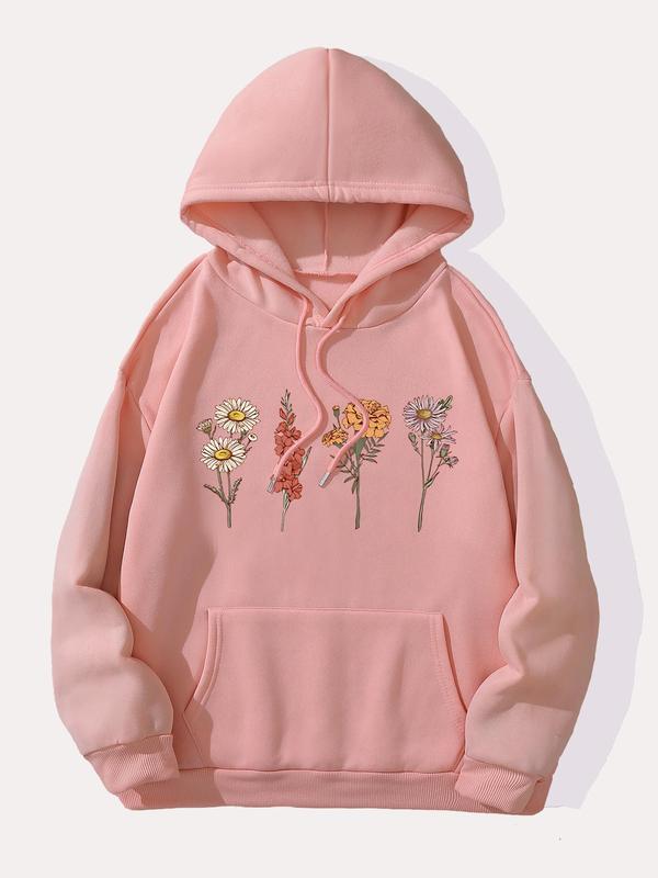 Women's Floral Print Drop Shoulder Thermal Lined Hoodie, Fashion Casual Drawstring Pocket Hooded Sweatshirt for Daily Holiday Outdoor Wear, Women Clothing for Fall & Winter