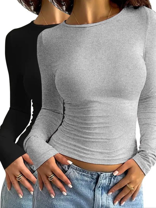 Women's Solid Long Sleeve Lounge Tee, Casual Comfy Round Neck T-shirt for Spring & Fall, Fall Wear, Sleep T Shirts for Women, Ladies Sleepwear for Daily Wear