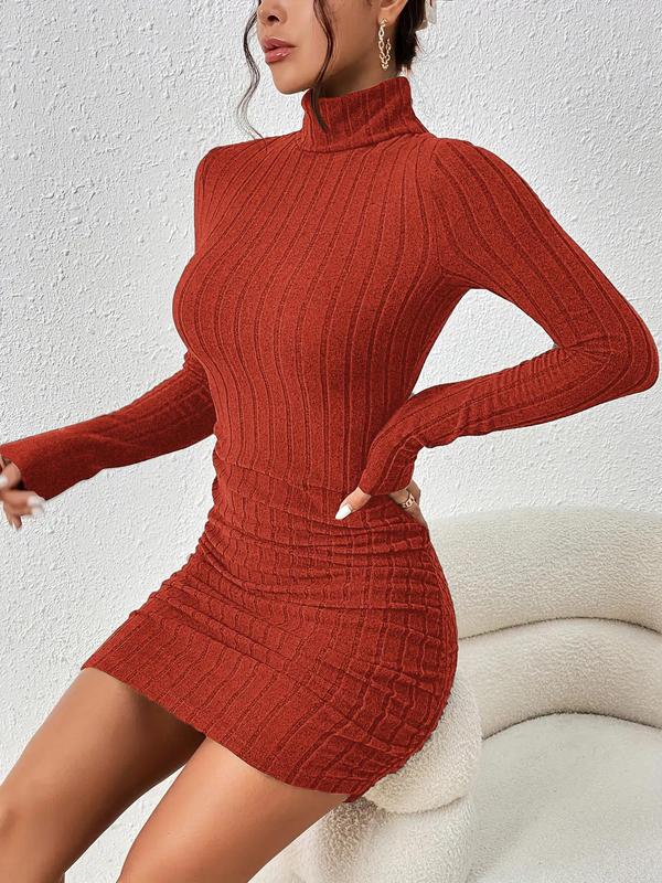 Women's Thin Minimalist Ribbed Knit Long Sleeve Turtle Neck Bodycon Dress, Longsleeves High Neck Short Tight Dresses Basic Comfortable Lady Casual Womenswear