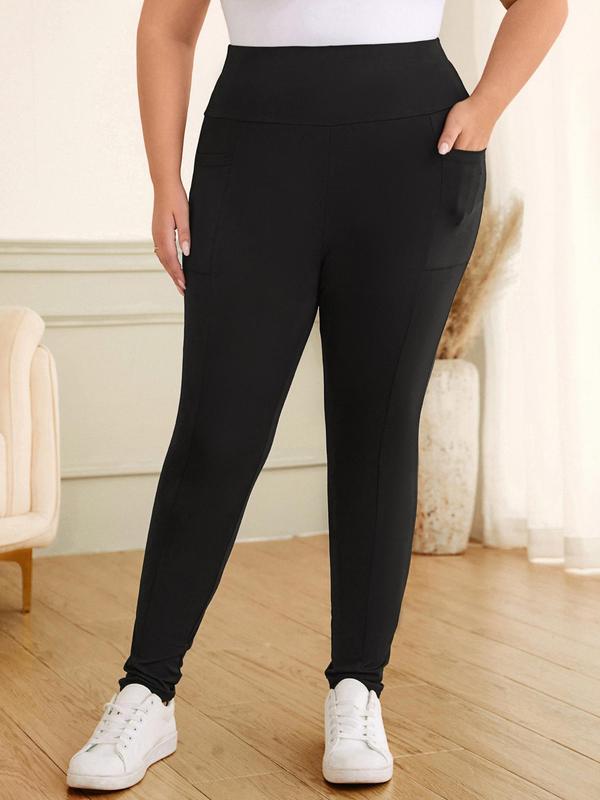 CURVZY Plus Size Solid High Waist Pocket Leggings, Casual Comfy Breathable Skinny Pants for Daily Wear, Women's Bottoms for All Seasons